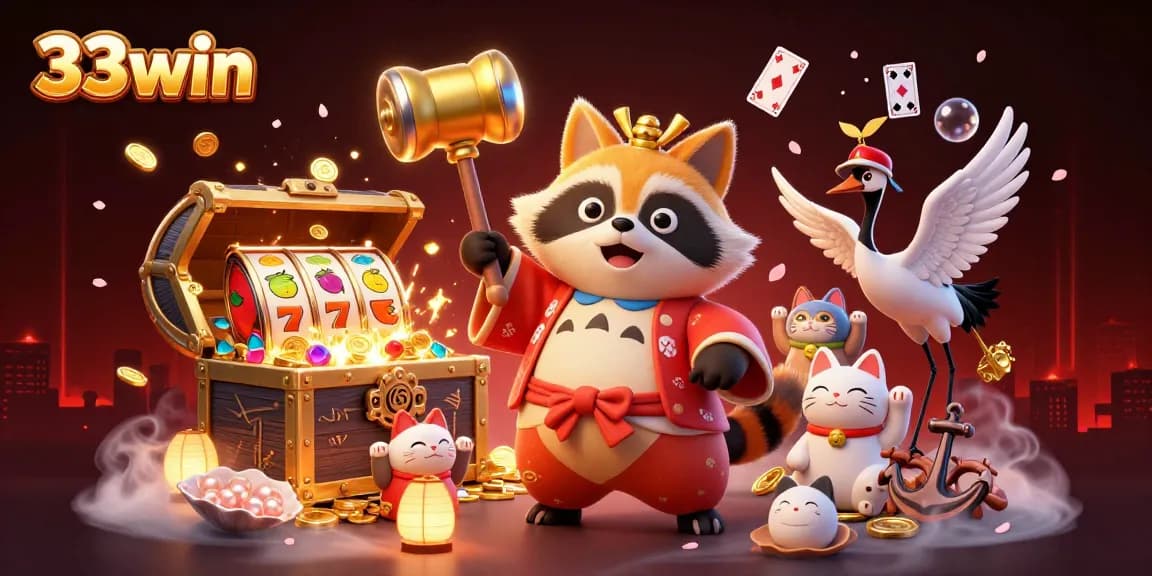 Experience winning excitement at 33win with cheerful tanuki and vibrant slot symbols