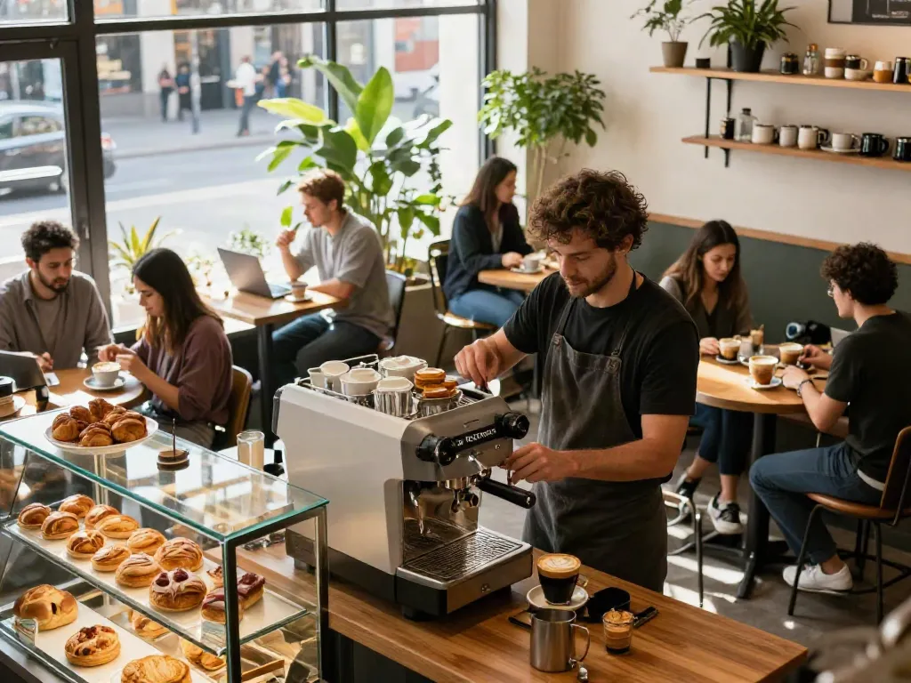 Customers enjoying coffee and pastries at ROKOK88 espresso machine in a vibrant café.