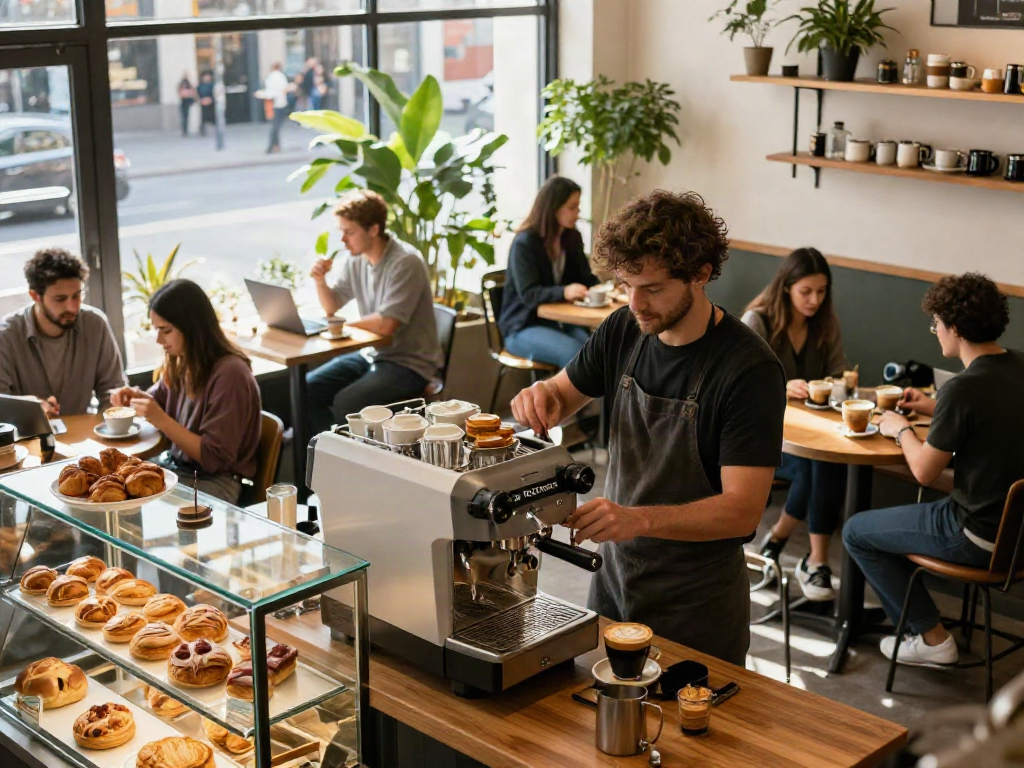 Customers enjoying coffee and pastries at ROKOK88 espresso machine in a vibrant café.