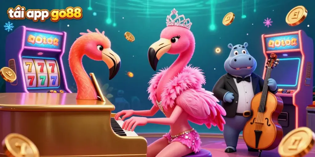 Experience the thrill of tải app go88 with a lively casino scene featuring a flamingo singer and a hippo bassist among colorful gaming elements.