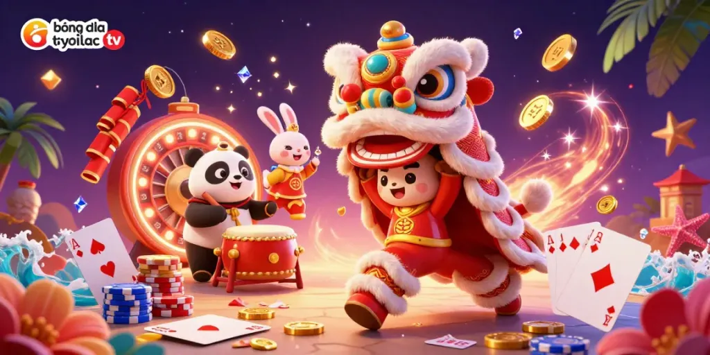 Catch the excitement of bóng đá trực tuyến xoilac tv with this dynamic 3D illustration showcasing a lively lion dance and casino elements simbolizing online betting energy.