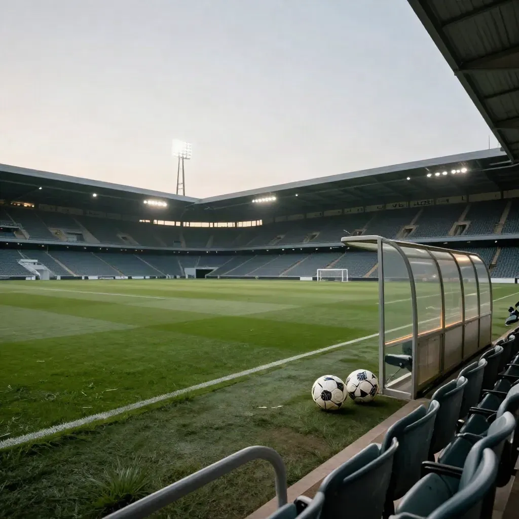 Upplyst fotbollsplan med två matchbollar vid avbytarbåsets glas och tomma sätesrader.