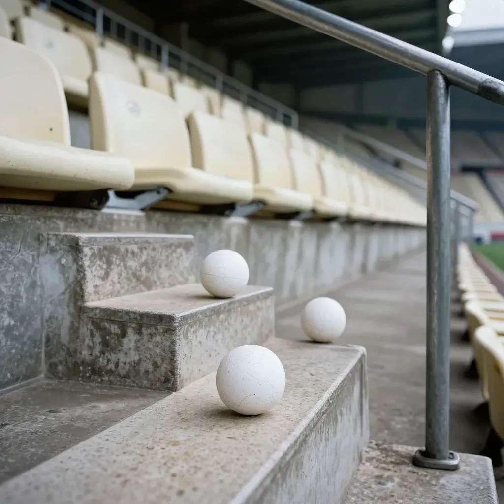 Tre matchbollar på betongtrappa i en tom arena, kvällsdimma och läktarrader i bakgrunden.