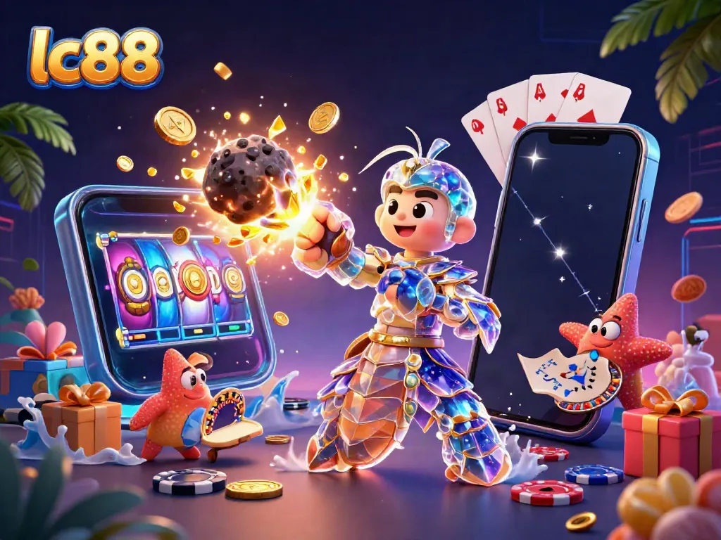 Experience the excitement of lc88 with a vibrant 3D scene showcasing a galactic samurai mantis shrimp and a starfish in a casino environment.