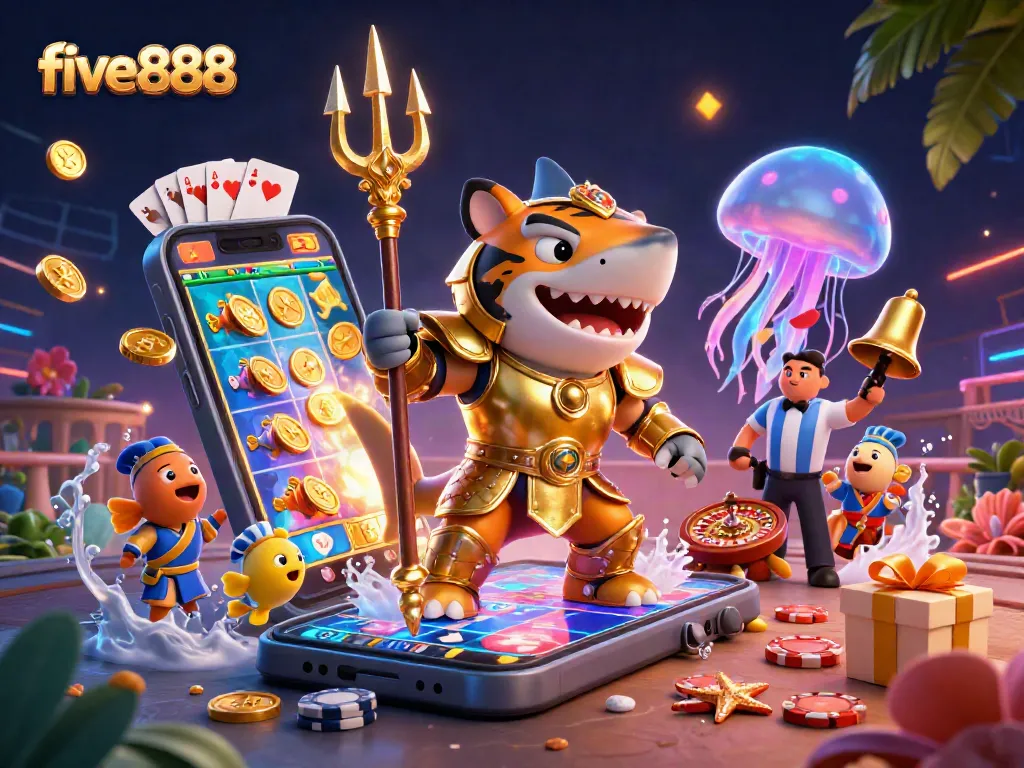 Experience the excitement of five888 in this vibrant underwater casino scene featuring a tiger shark, slot games, and more.