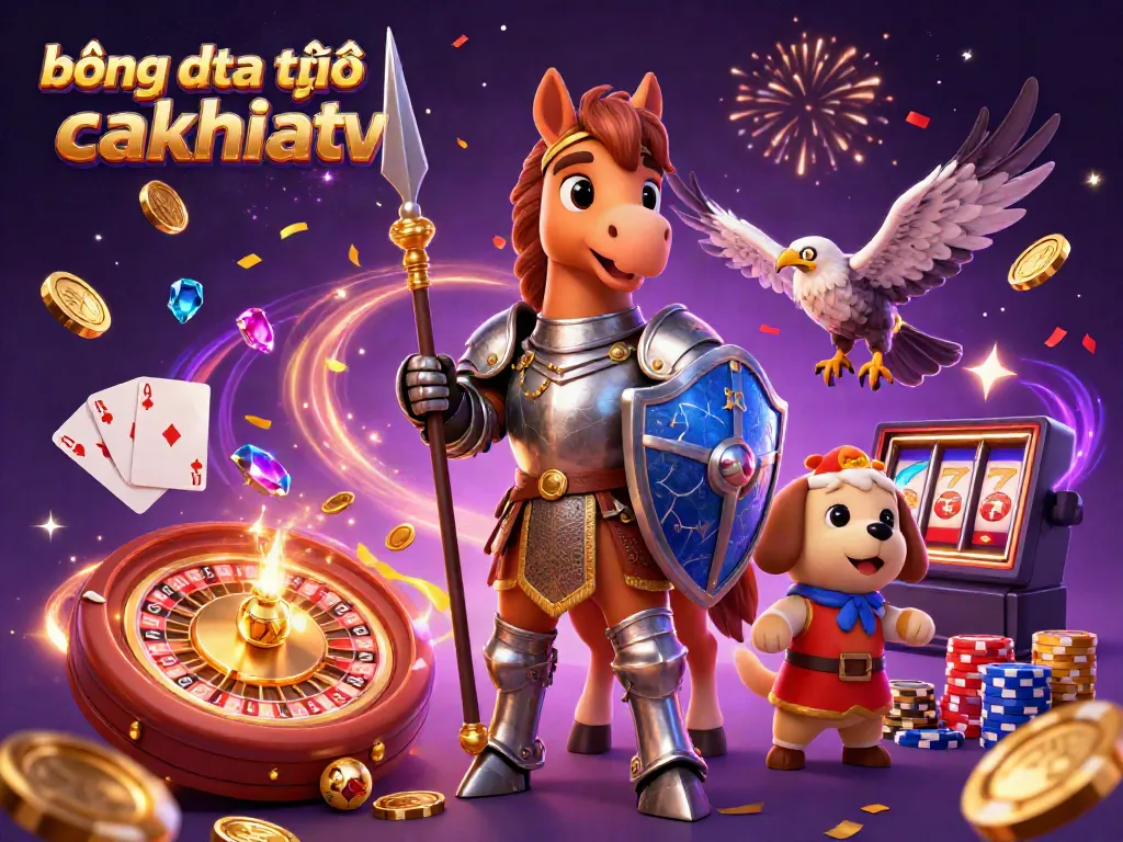 Engaging scene depicting bóng đá trực tuyến cakhiatv with a knight and puppy amid casino elements like coins and cards