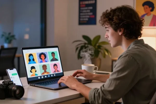 Engaging chat with Crushon AI in a modern workspace, showcasing interactive avatars and user experience.