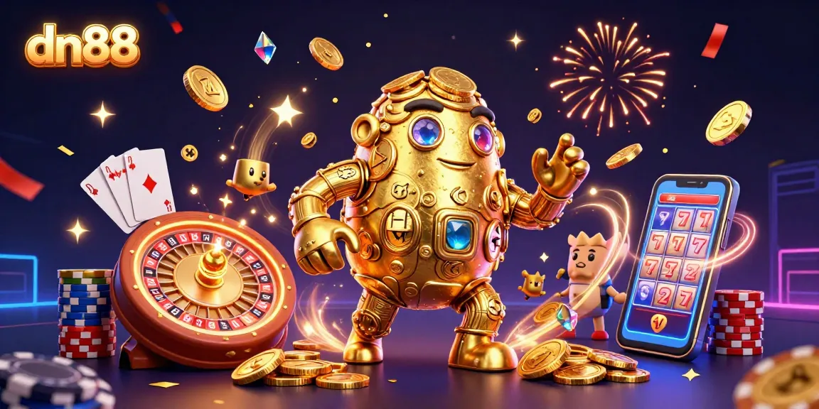 Experience the thrill of dn88 with a dynamic casino scene featuring a magical golden golem surrounded by cascading riches and game elements.