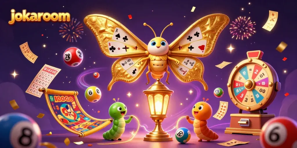 jokaroom’s dynamic online gaming scene highlighting lively lottery elements and vibrant casino motifs.