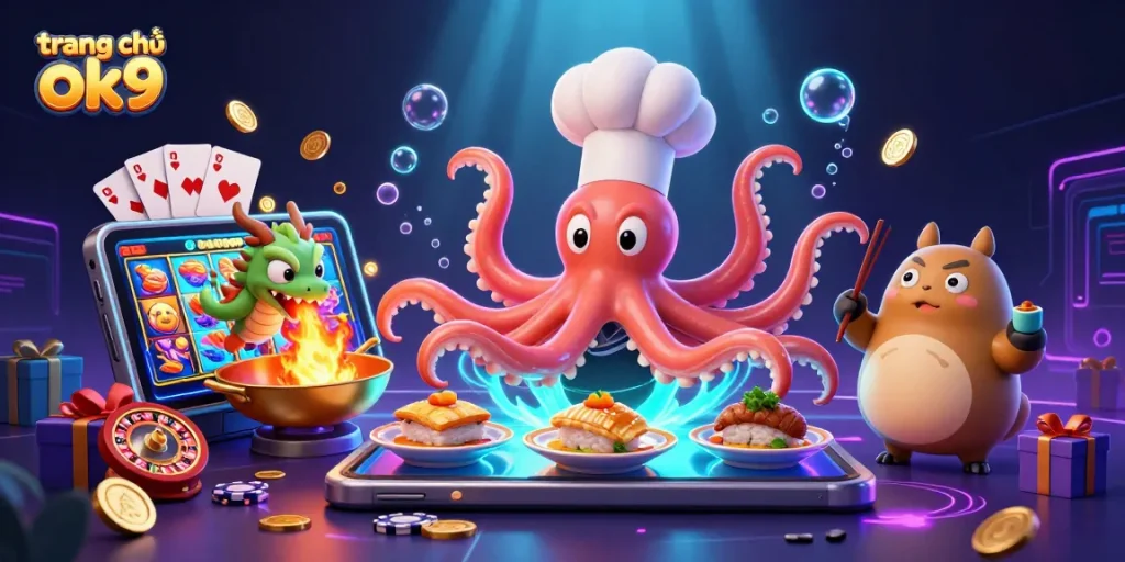 Experience excitement at trang chủ ok9 with a vibrant casino scene featuring a sushi chef octopus, dragon, and tanuki!